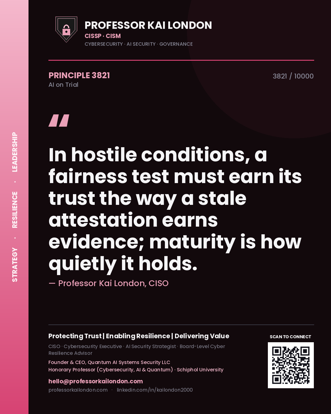 Professor Kai London principle 3821: In hostile conditions, a fairness test must earn its trust the way a stale attestation earns evidence; maturity is how quietly it holds.