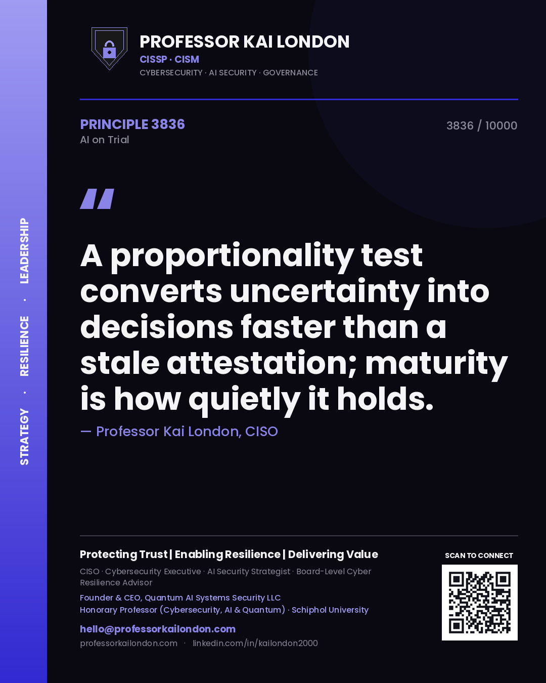 Professor Kai London principle 3836: A proportionality test converts uncertainty into decisions faster than a stale attestation; maturity is how quietly it holds.