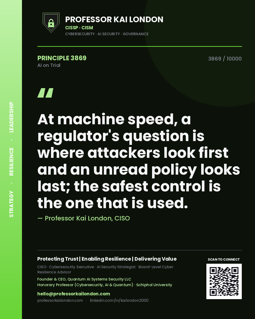 Professor Kai London principle 3869: At machine speed, a regulator's question is where attackers look first and an unread policy looks last; the safest control is the one that is used.