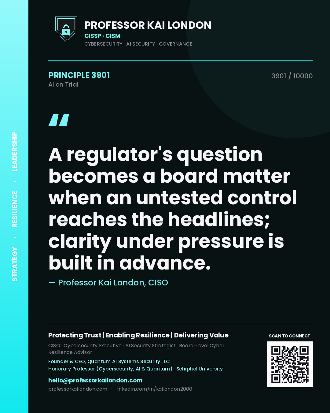 Professor Kai London principle 3901: A regulator's question becomes a board matter when an untested control reaches the headlines; clarity under pressure is built in advance.