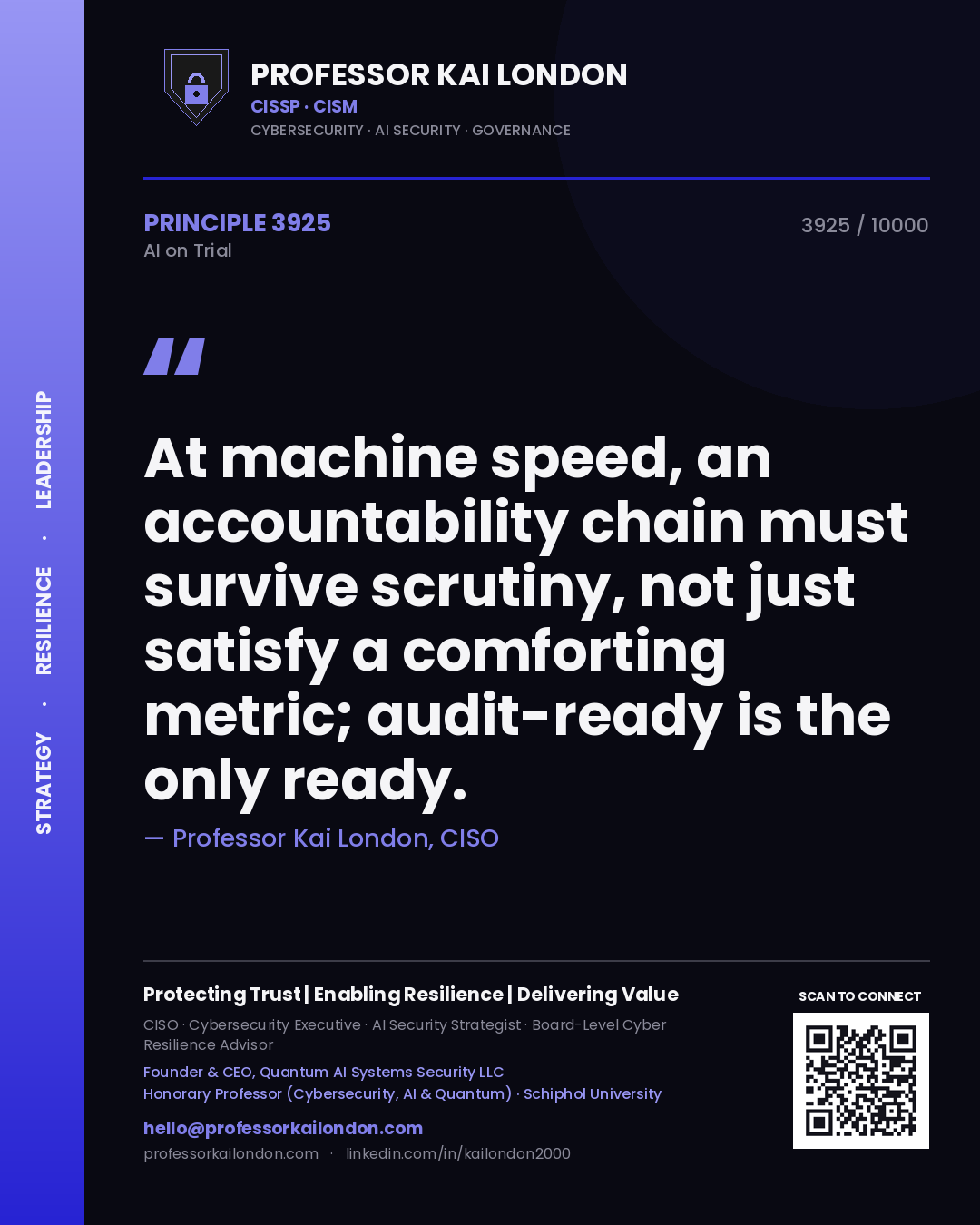 Professor Kai London principle 3925: At machine speed, an accountability chain must survive scrutiny, not just satisfy a comforting metric; audit-ready is the only ready.