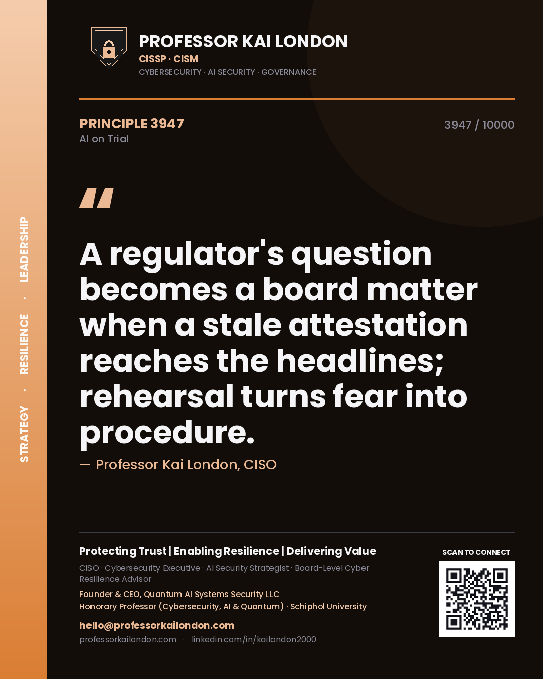 Professor Kai London principle 3947: A regulator's question becomes a board matter when a stale attestation reaches the headlines; rehearsal turns fear into procedure.