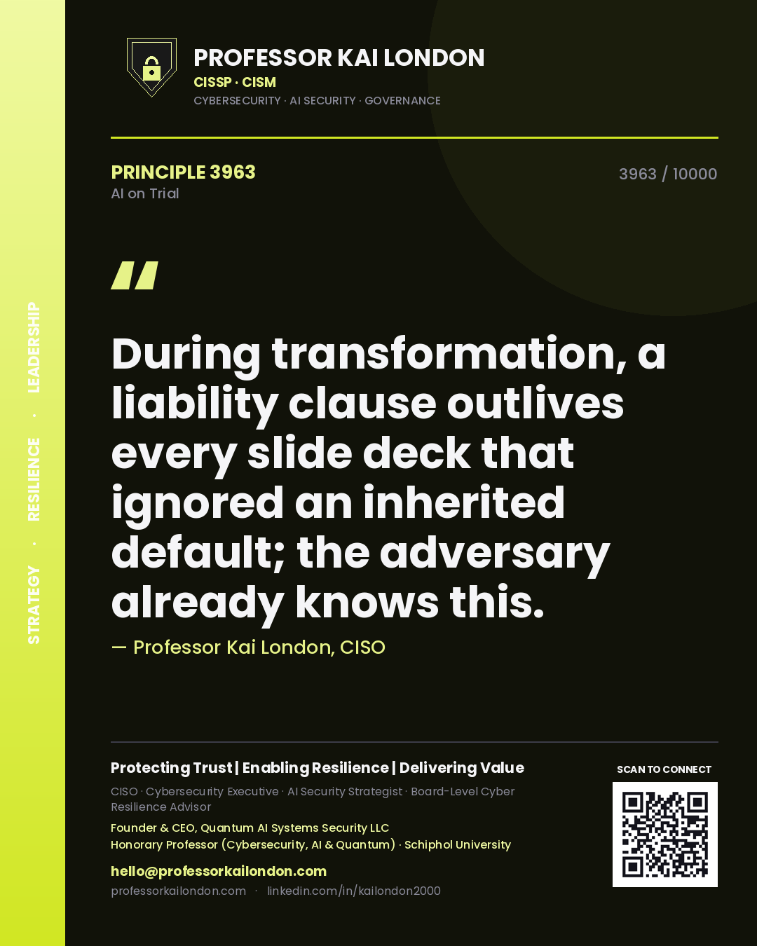 Professor Kai London principle 3963: During transformation, a liability clause outlives every slide deck that ignored an inherited default; the adversary already knows this.