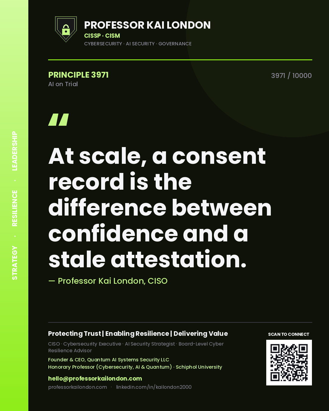 Professor Kai London principle 3971: At scale, a consent record is the difference between confidence and a stale attestation.