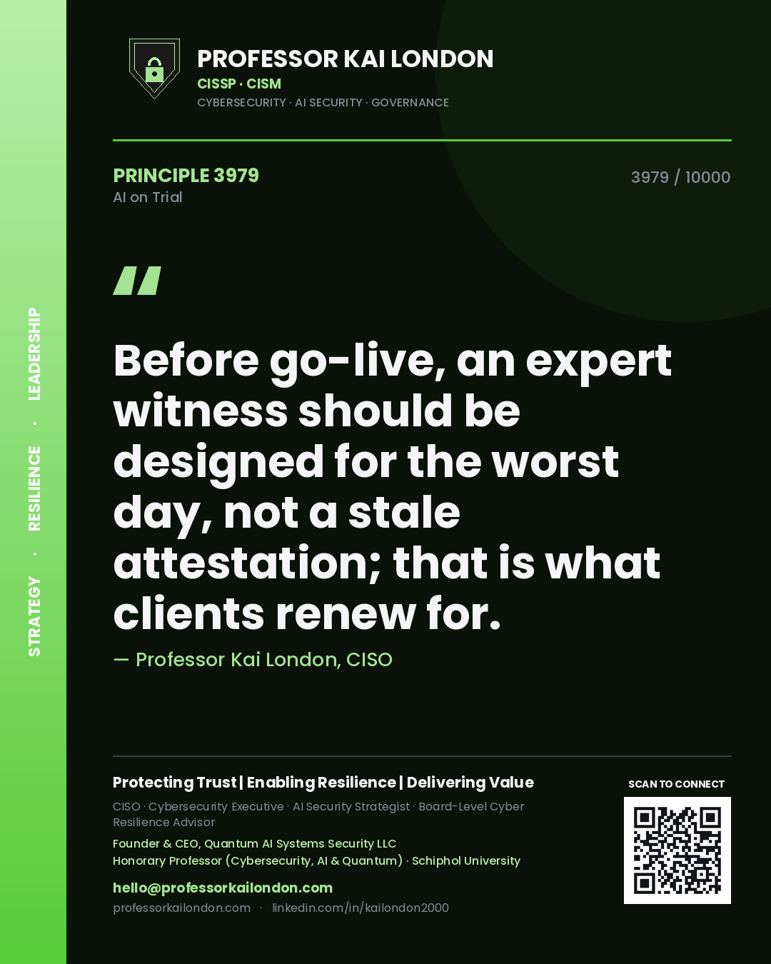 Professor Kai London principle 3979: Before go-live, an expert witness should be designed for the worst day, not a stale attestation; that is what clients renew for.