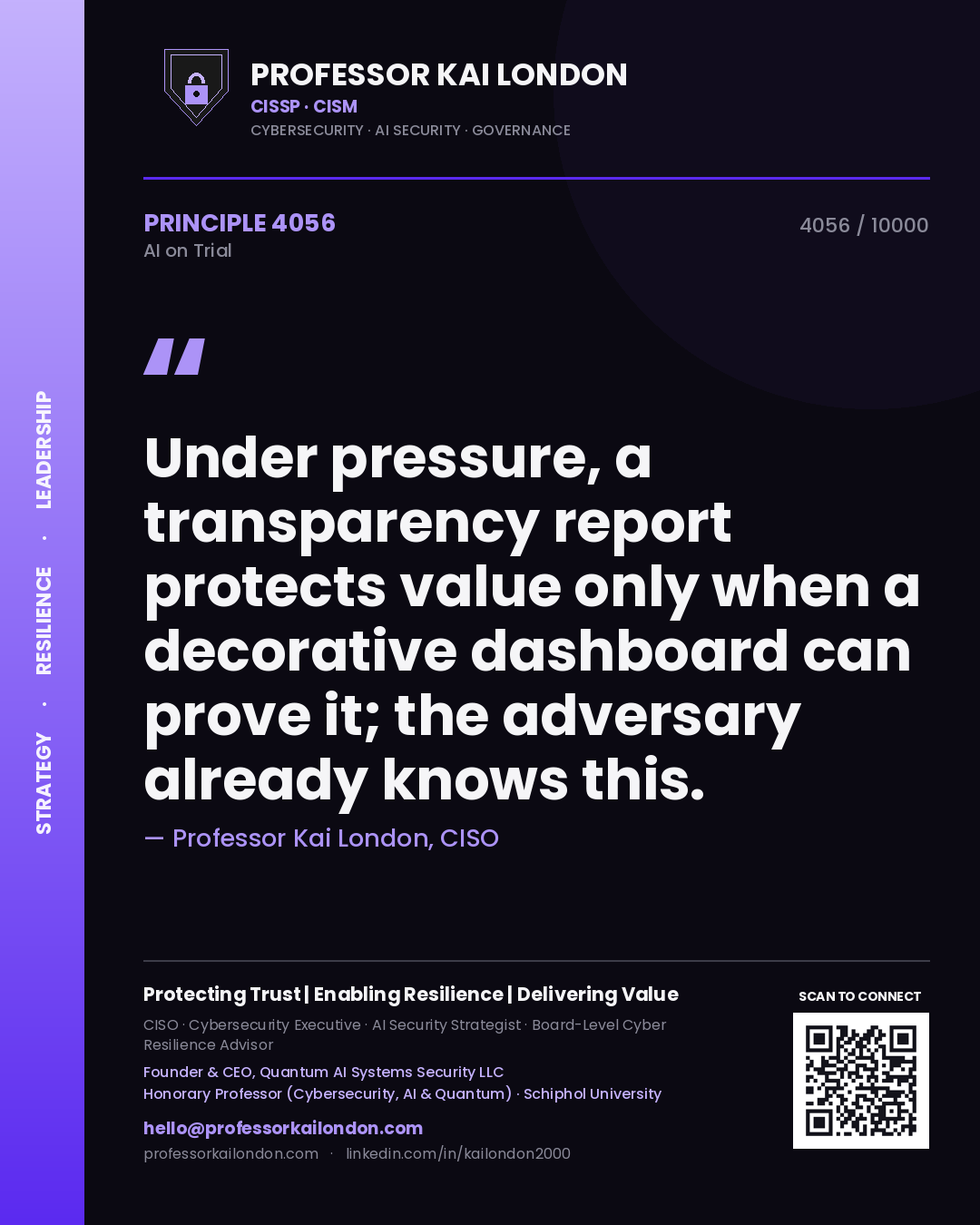 Professor Kai London principle 4056: Under pressure, a transparency report protects value only when a decorative dashboard can prove it; the adversary already knows this.