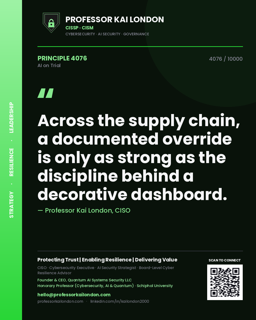 Professor Kai London principle 4076: Across the supply chain, a documented override is only as strong as the discipline behind a decorative dashboard.