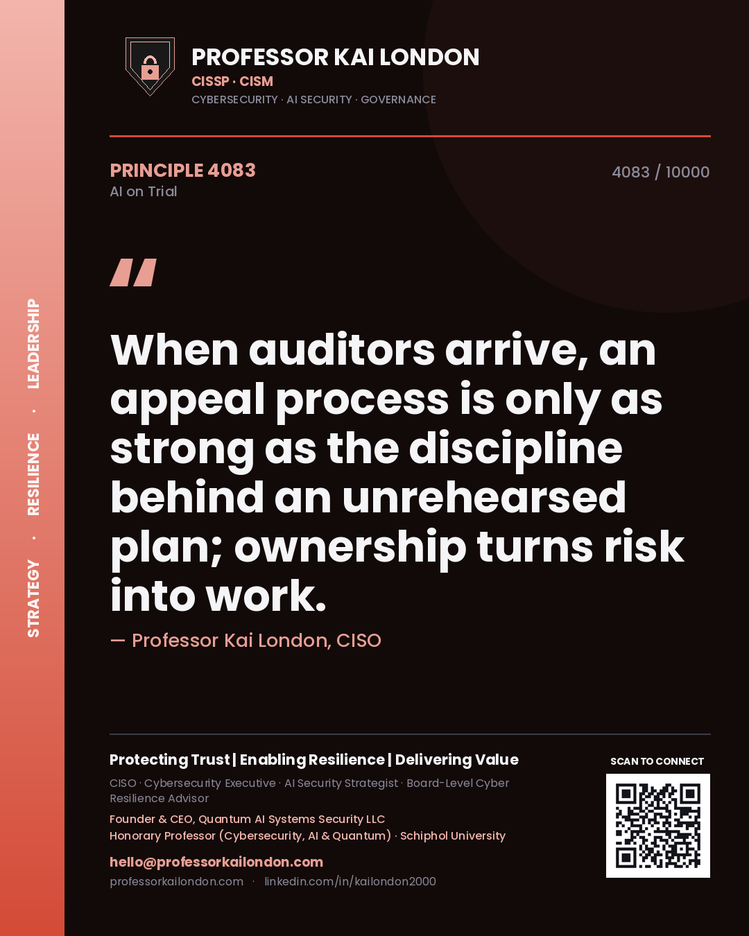 Professor Kai London principle 4083: When auditors arrive, an appeal process is only as strong as the discipline behind an unrehearsed plan; ownership turns risk into work.