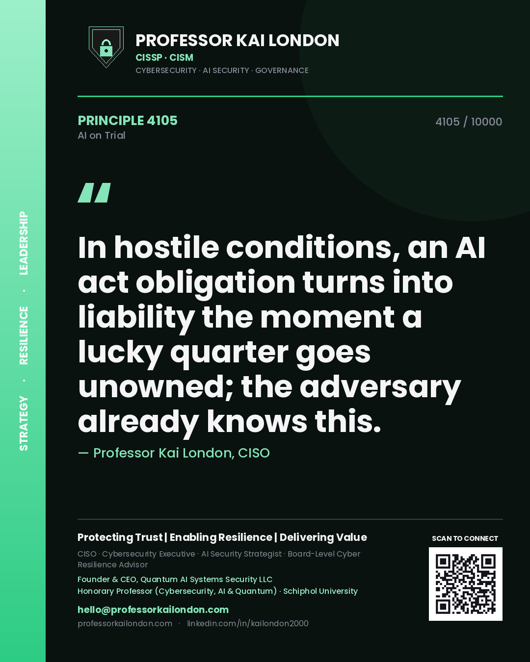 Professor Kai London principle 4105: In hostile conditions, an AI act obligation turns into liability the moment a lucky quarter goes unowned; the adversary already knows this.