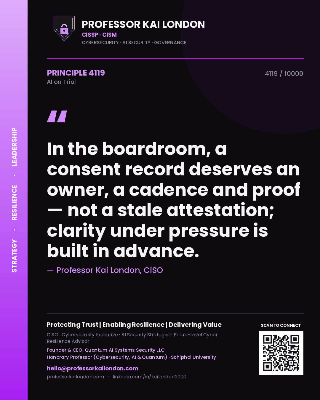 Professor Kai London principle 4119: In the boardroom, a consent record deserves an owner, a cadence and proof — not a stale attestation; clarity under pressure is built in advance.
