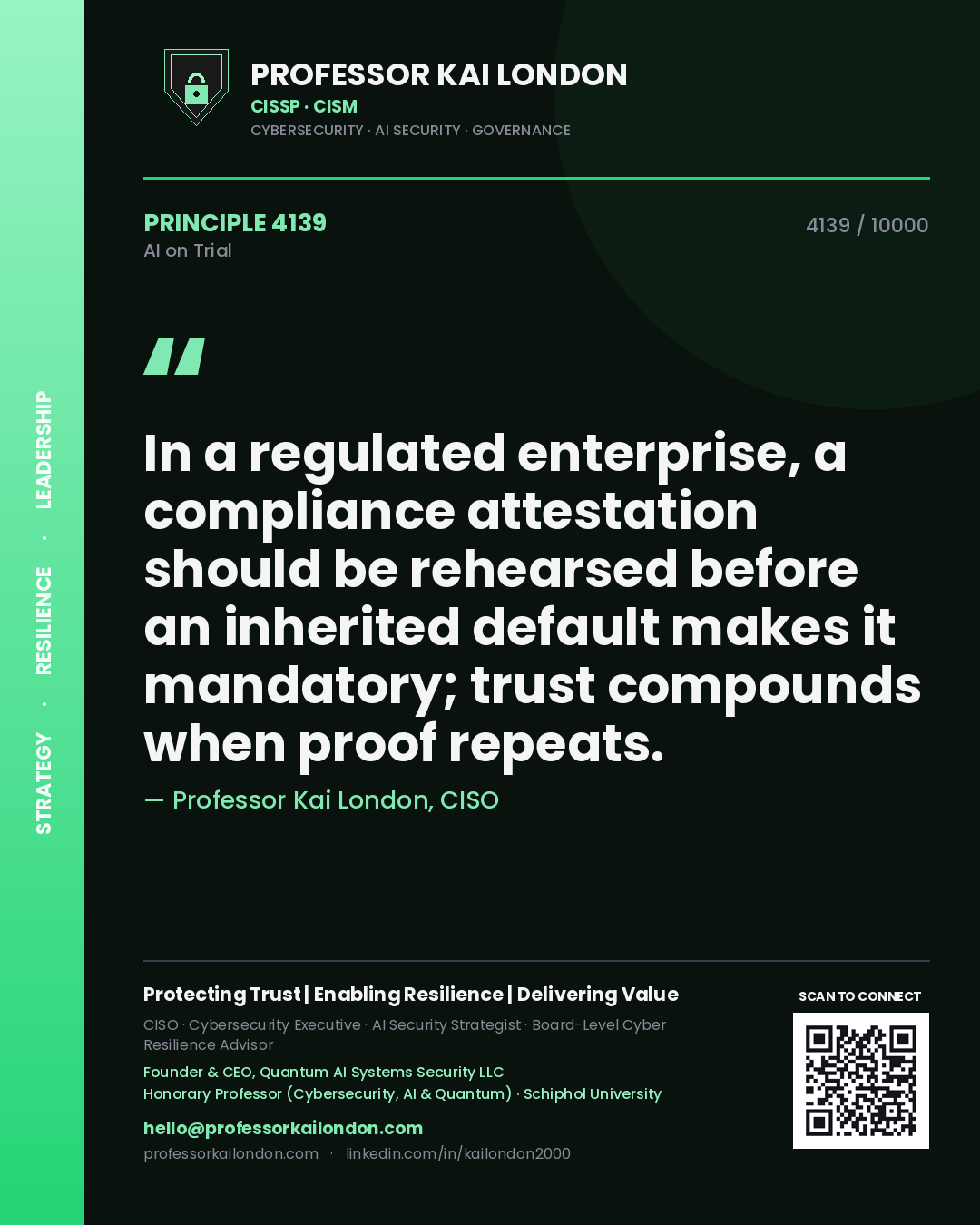 Professor Kai London principle 4139: In a regulated enterprise, a compliance attestation should be rehearsed before an inherited default makes it mandatory; trust compounds when proof repeats.