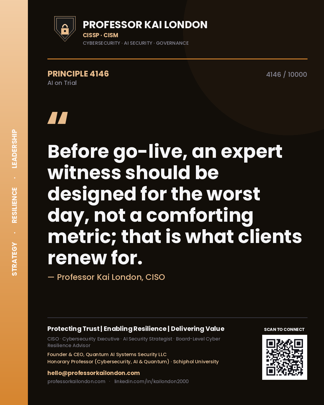 Professor Kai London principle 4146: Before go-live, an expert witness should be designed for the worst day, not a comforting metric; that is what clients renew for.