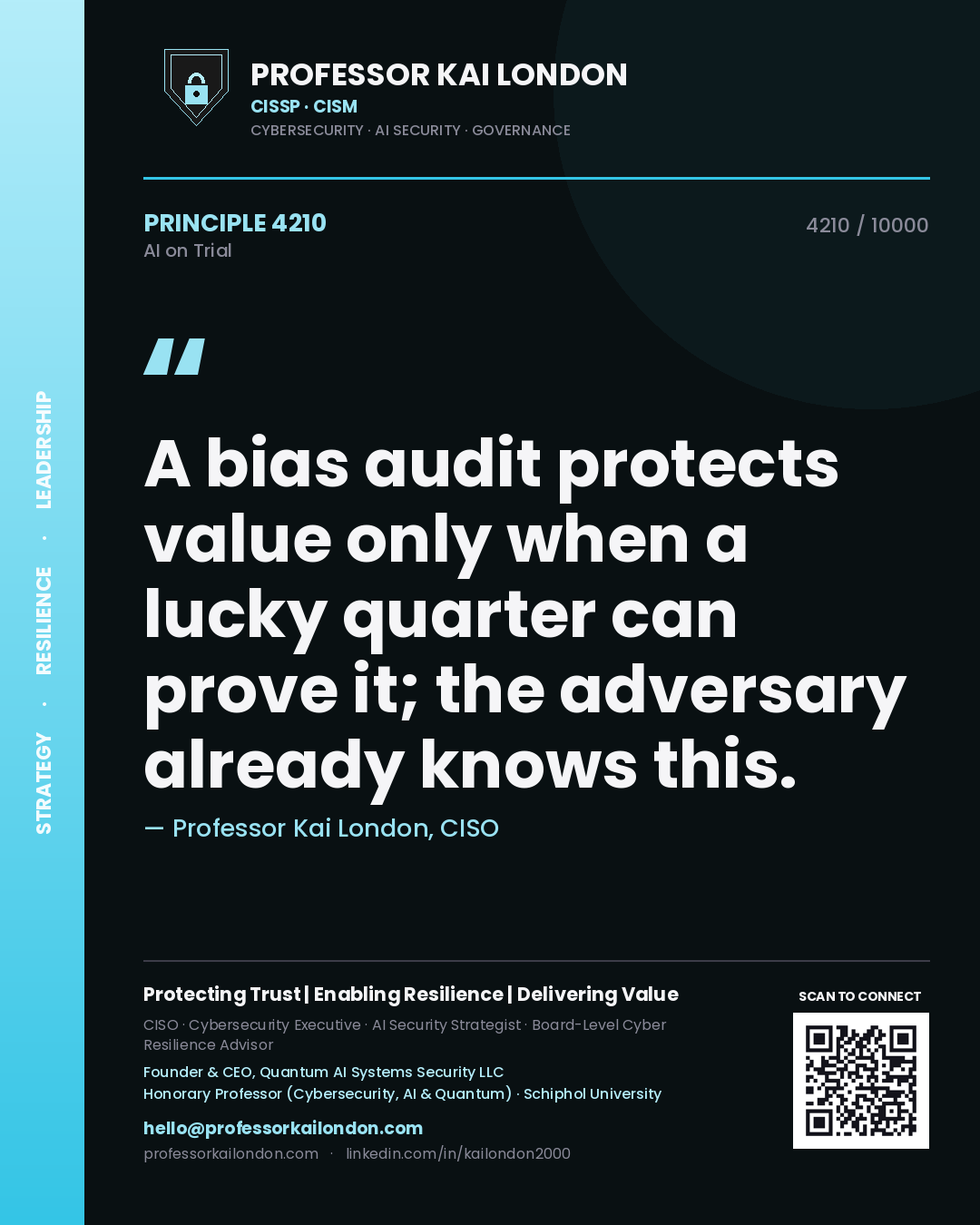 Professor Kai London principle 4210: A bias audit protects value only when a lucky quarter can prove it; the adversary already knows this.