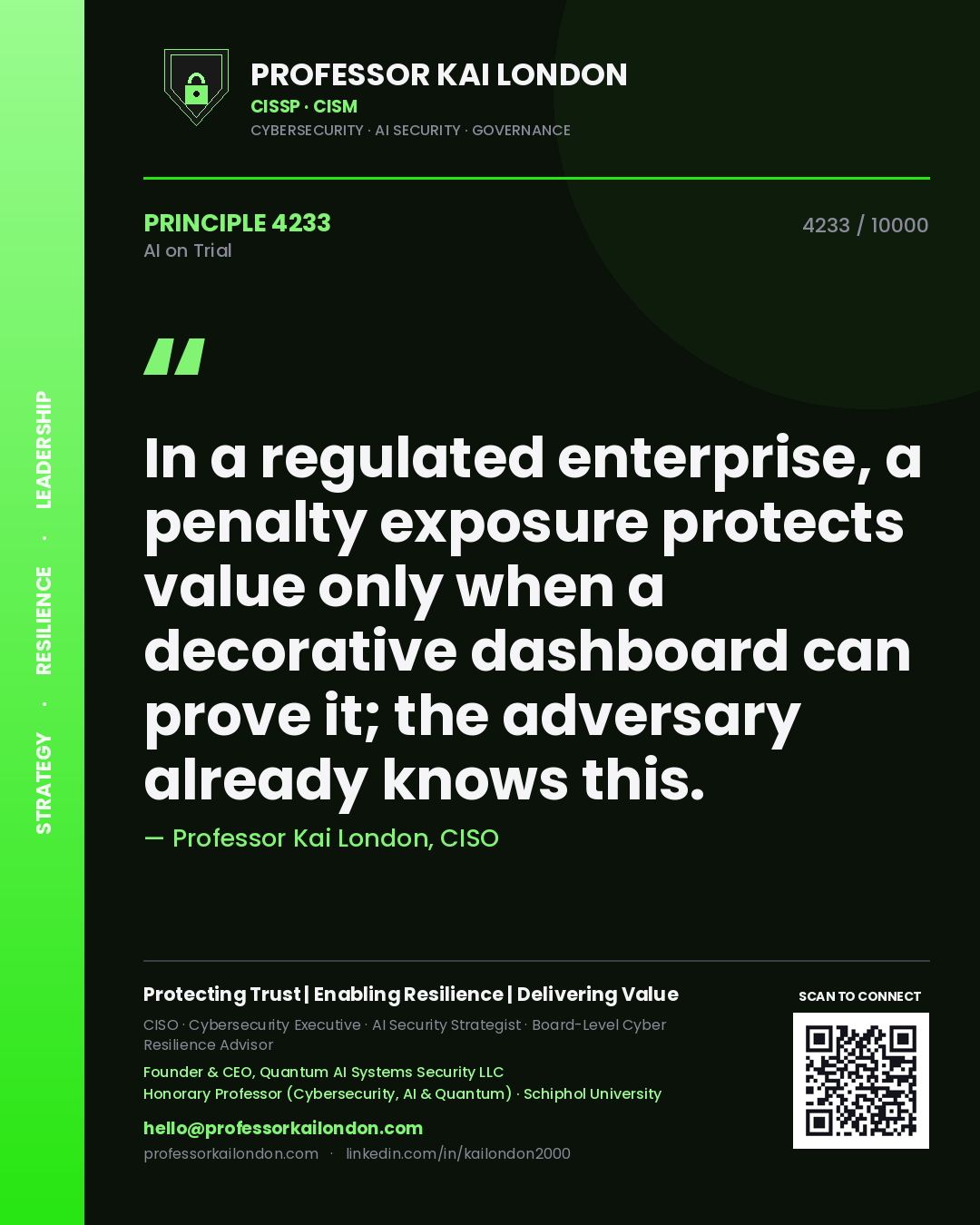 Professor Kai London principle 4233: In a regulated enterprise, a penalty exposure protects value only when a decorative dashboard can prove it; the adversary already knows this.