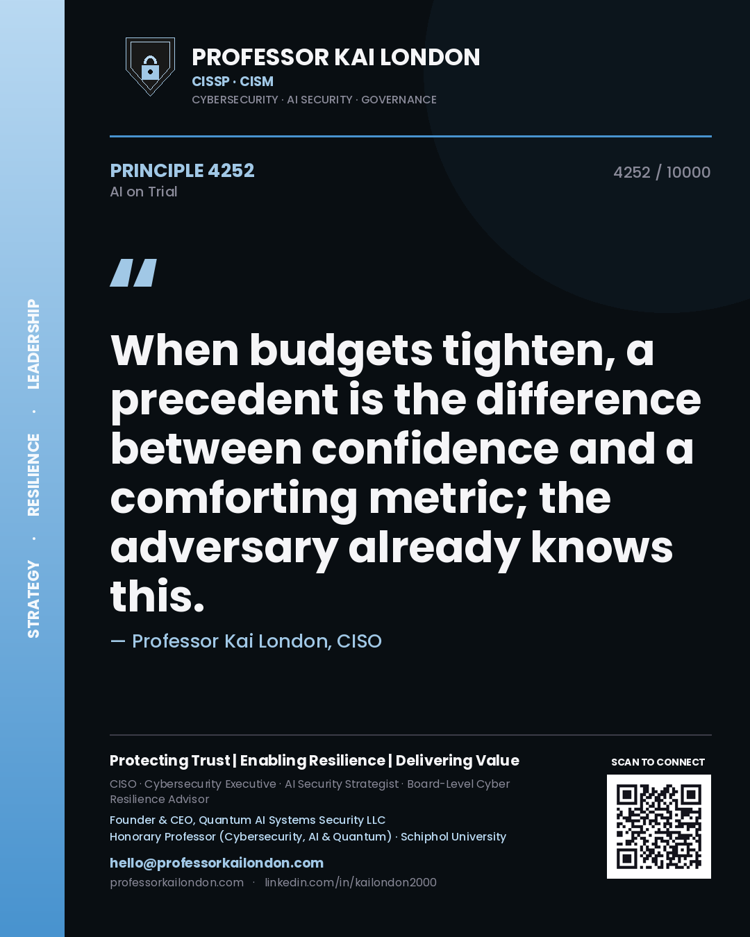 Professor Kai London principle 4252: When budgets tighten, a precedent is the difference between confidence and a comforting metric; the adversary already knows this.