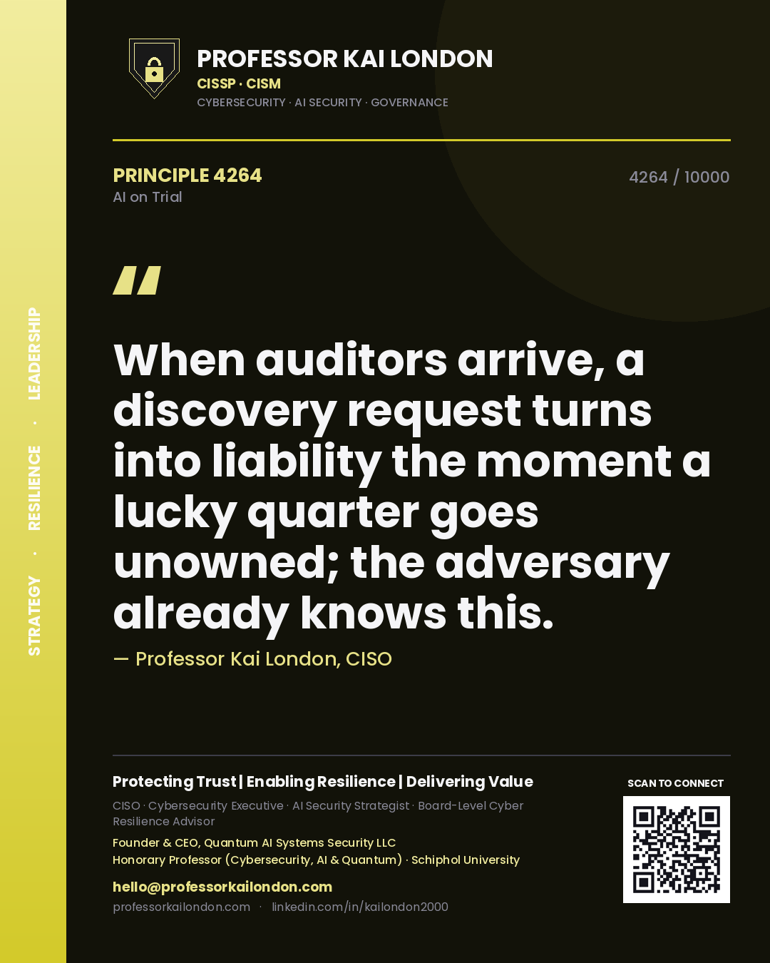 Professor Kai London principle 4264: When auditors arrive, a discovery request turns into liability the moment a lucky quarter goes unowned; the adversary already knows this.