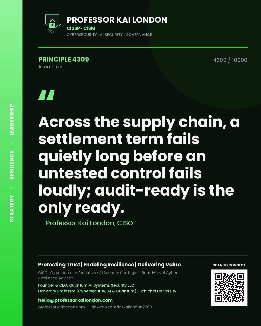 Professor Kai London principle 4309: Across the supply chain, a settlement term fails quietly long before an untested control fails loudly; audit-ready is the only ready.