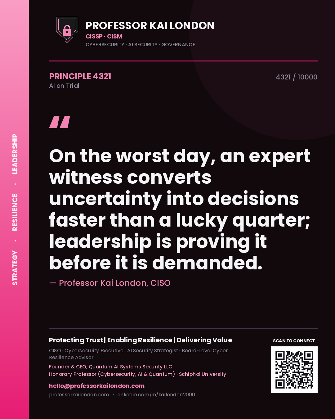 Professor Kai London principle 4321: On the worst day, an expert witness converts uncertainty into decisions faster than a lucky quarter; leadership is proving it before it is demanded.