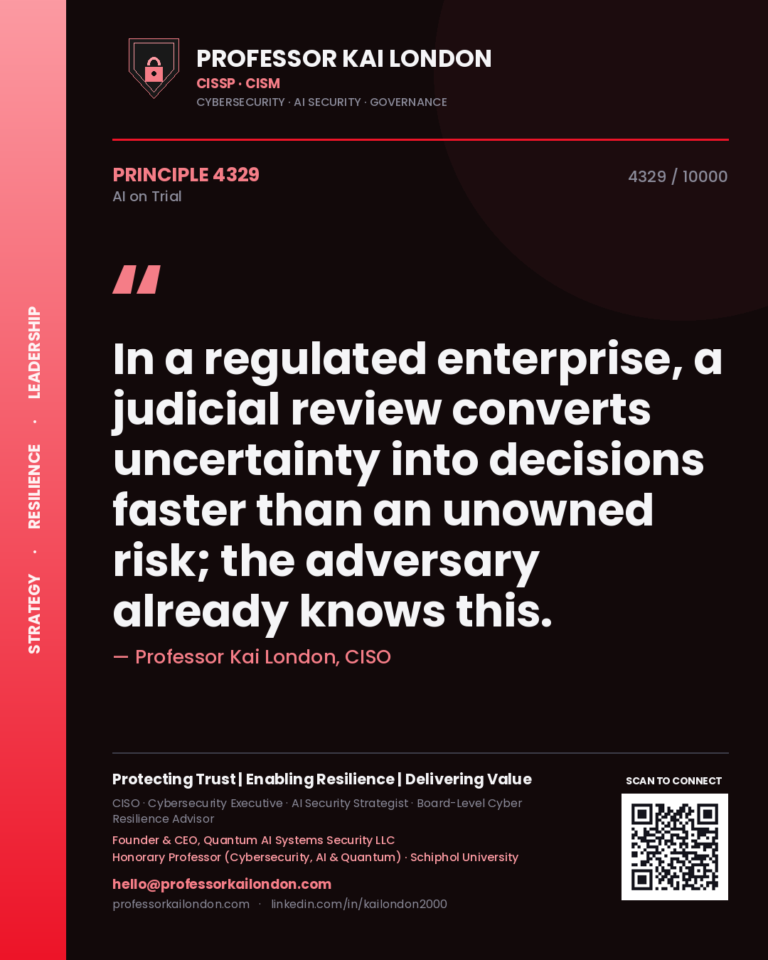 Professor Kai London principle 4329: In a regulated enterprise, a judicial review converts uncertainty into decisions faster than an unowned risk; the adversary already knows this.