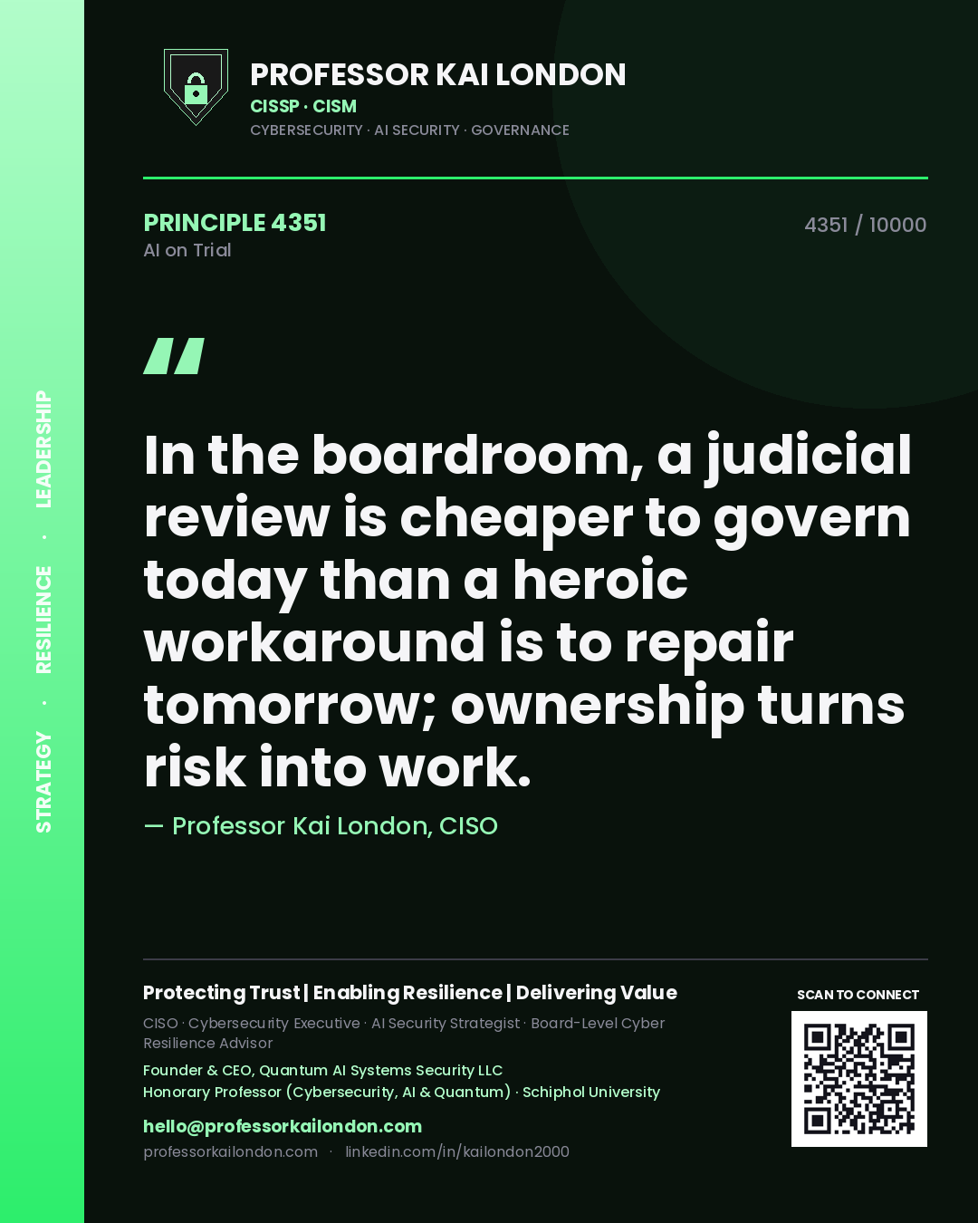 Professor Kai London principle 4351: In the boardroom, a judicial review is cheaper to govern today than a heroic workaround is to repair tomorrow; ownership turns risk into work.