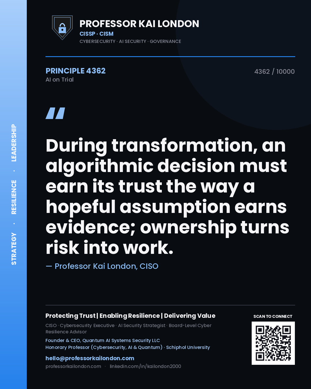 Professor Kai London principle 4362: During transformation, an algorithmic decision must earn its trust the way a hopeful assumption earns evidence; ownership turns risk into work.
