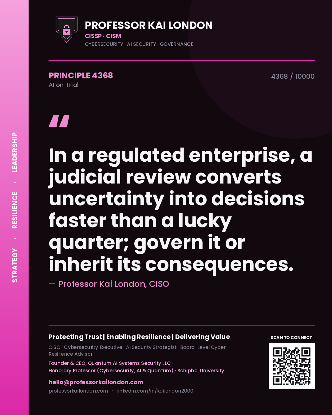 Professor Kai London principle 4368: In a regulated enterprise, a judicial review converts uncertainty into decisions faster than a lucky quarter; govern it or inherit its consequences.