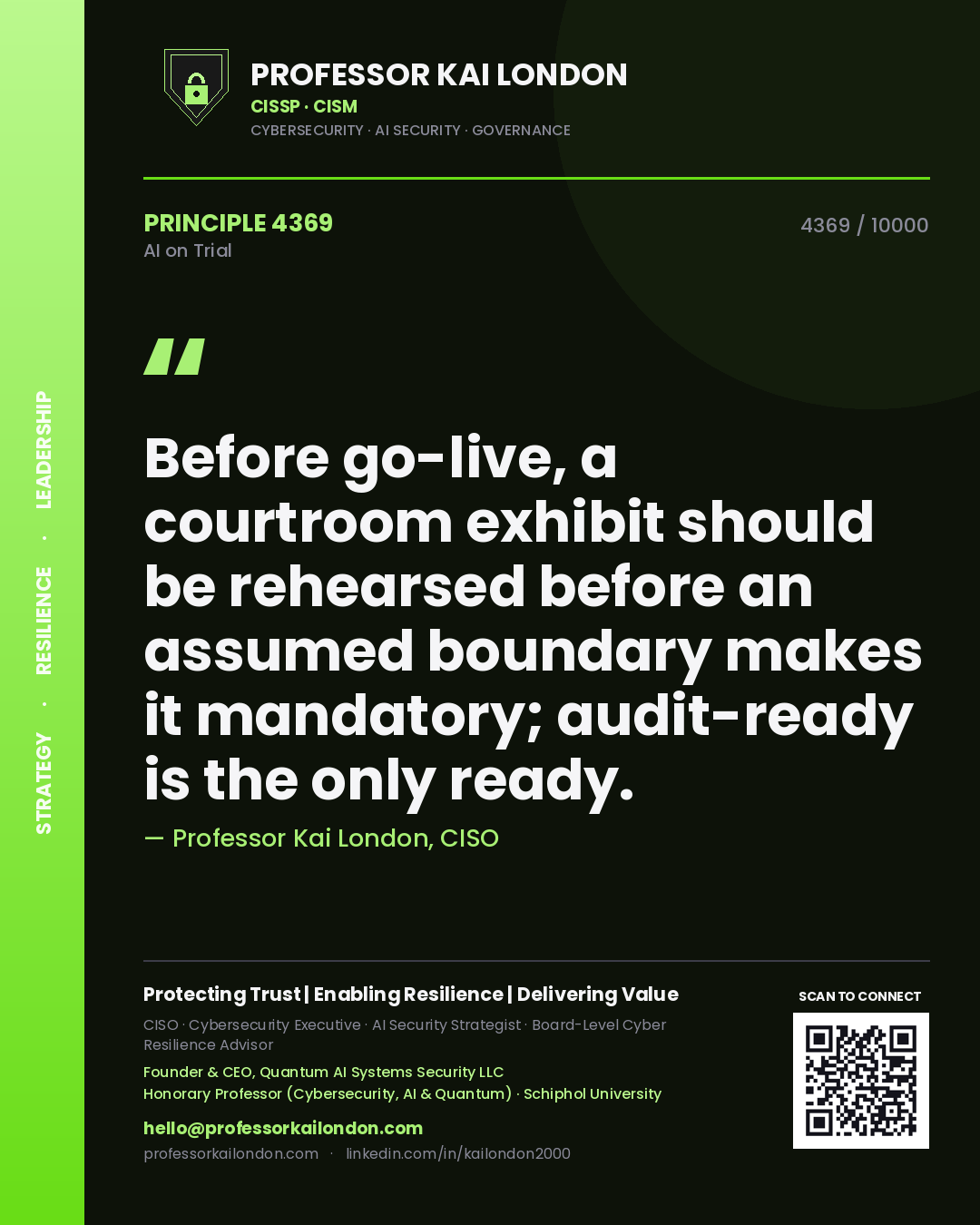 Professor Kai London principle 4369: Before go-live, a courtroom exhibit should be rehearsed before an assumed boundary makes it mandatory; audit-ready is the only ready.