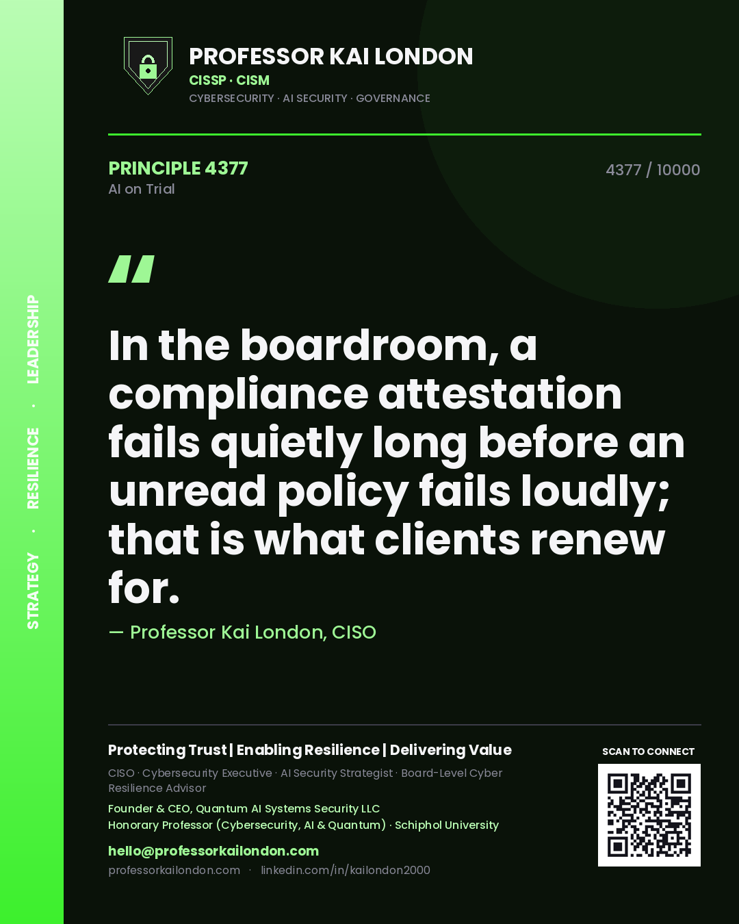 Professor Kai London principle 4377: In the boardroom, a compliance attestation fails quietly long before an unread policy fails loudly; that is what clients renew for.