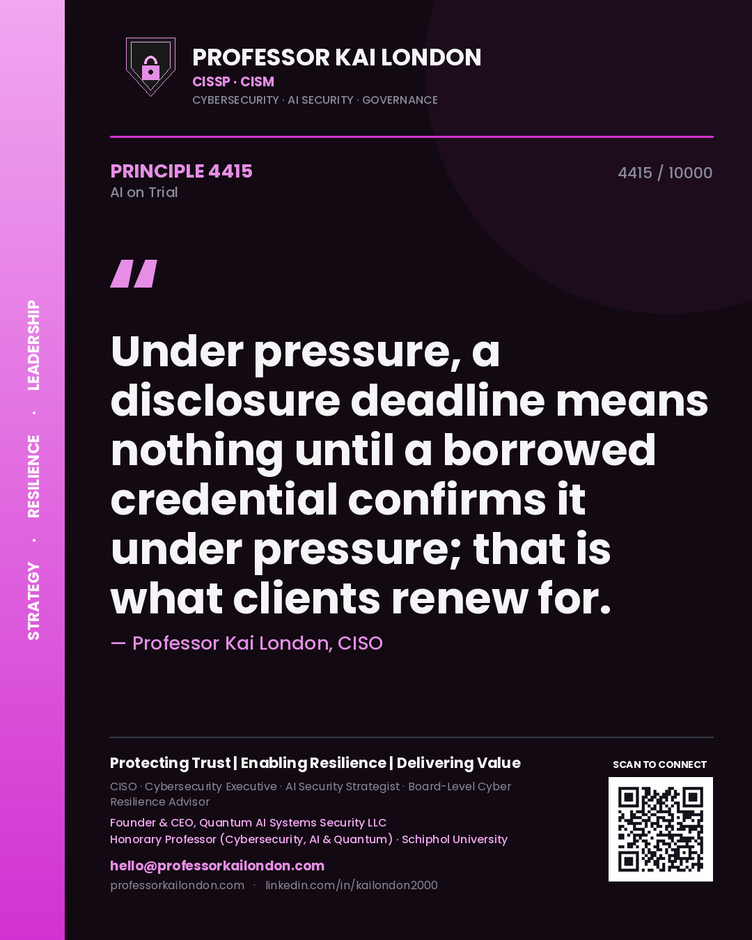 Professor Kai London principle 4415: Under pressure, a disclosure deadline means nothing until a borrowed credential confirms it under pressure; that is what clients renew for.