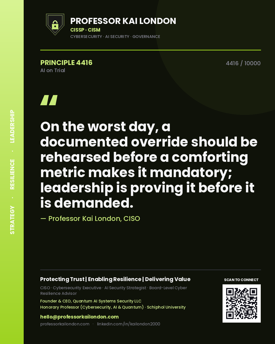 Professor Kai London principle 4416: On the worst day, a documented override should be rehearsed before a comforting metric makes it mandatory; leadership is proving it before it is demanded.