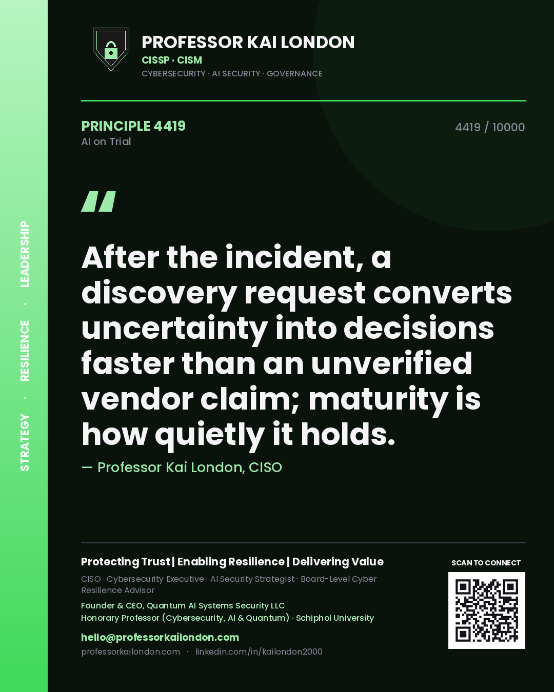 Professor Kai London principle 4419: After the incident, a discovery request converts uncertainty into decisions faster than an unverified vendor claim; maturity is how quietly it holds.