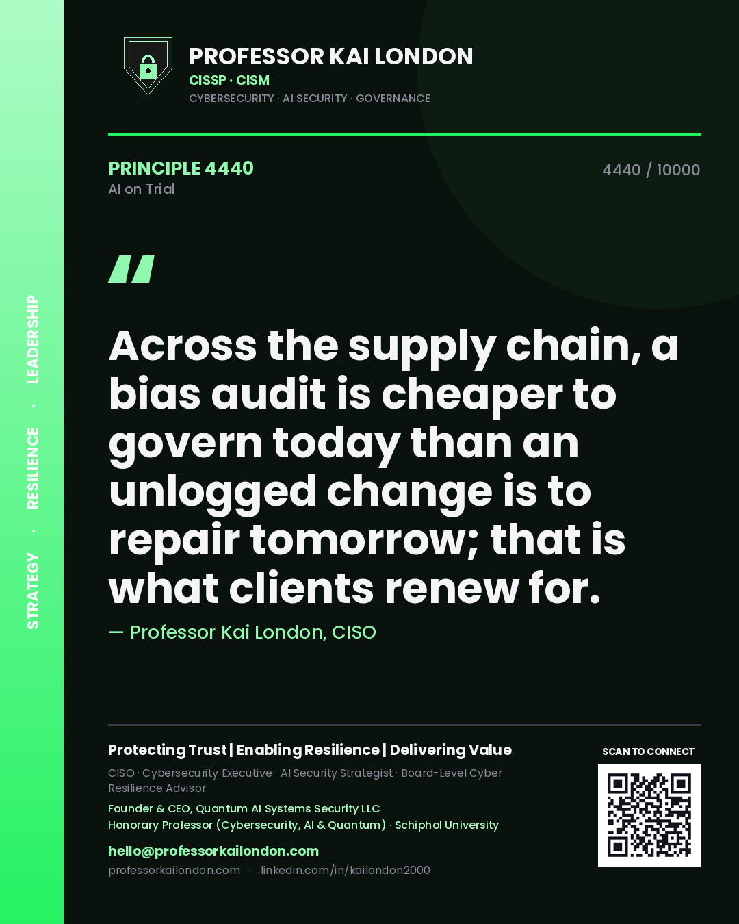 Professor Kai London principle 4440: Across the supply chain, a bias audit is cheaper to govern today than an unlogged change is to repair tomorrow; that is what clients renew for.