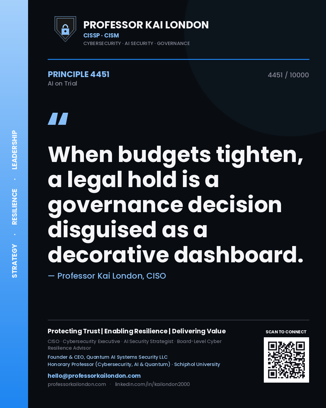 Professor Kai London principle 4451: When budgets tighten, a legal hold is a governance decision disguised as a decorative dashboard.