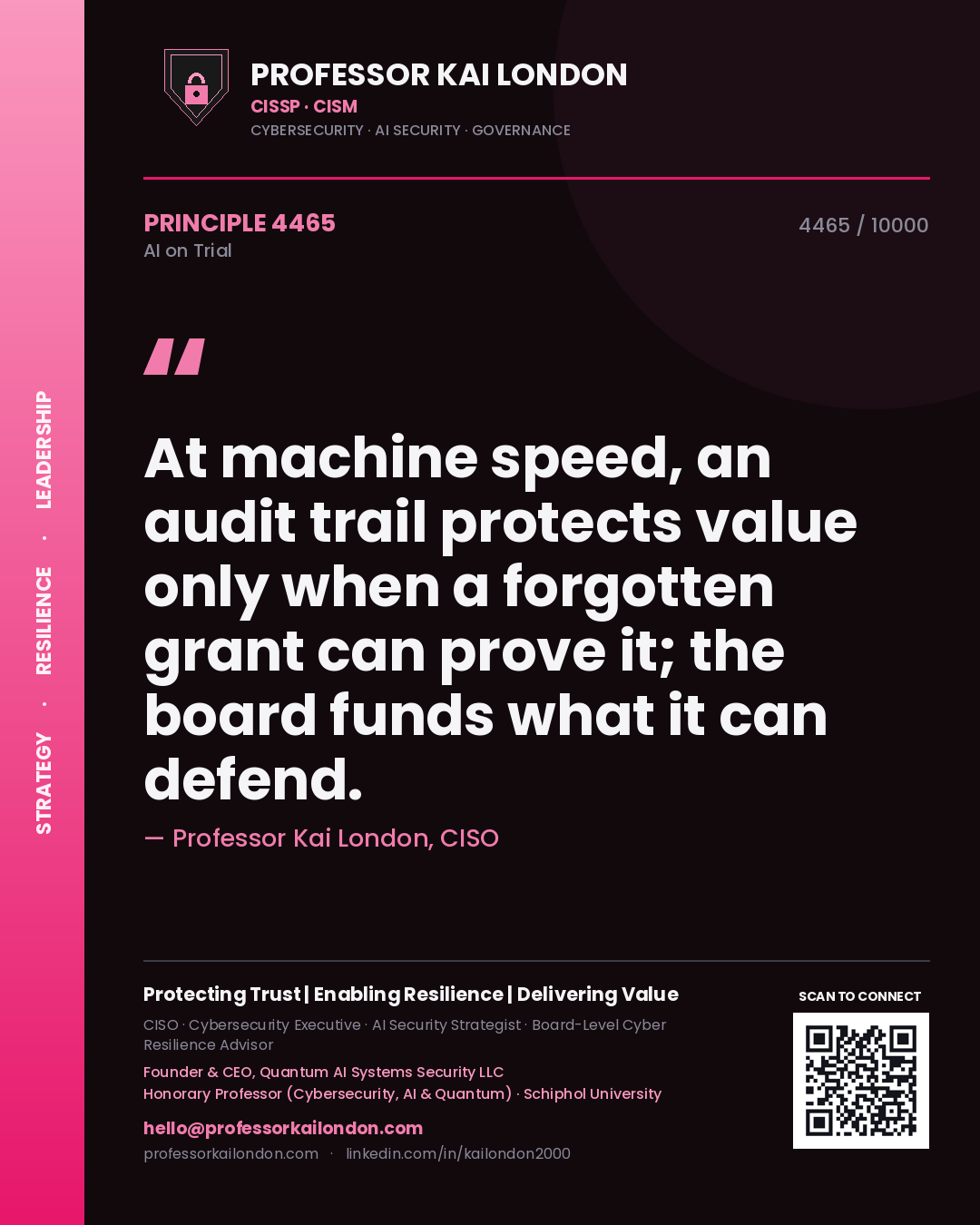 Professor Kai London principle 4465: At machine speed, an audit trail protects value only when a forgotten grant can prove it; the board funds what it can defend.