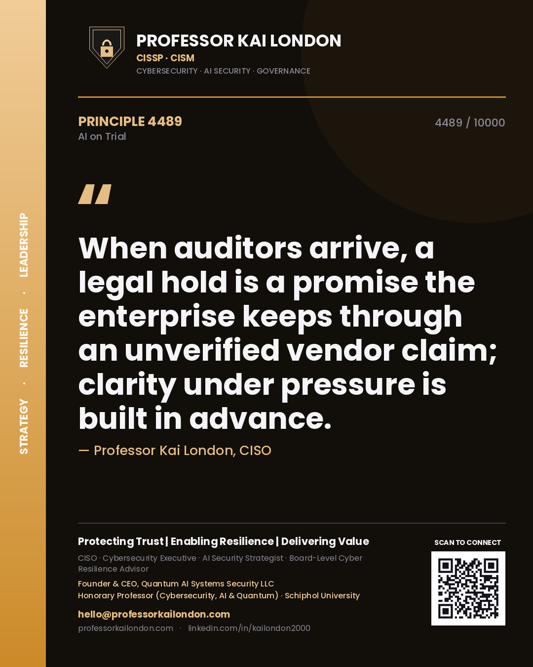 Professor Kai London principle 4489: When auditors arrive, a legal hold is a promise the enterprise keeps through an unverified vendor claim; clarity under pressure is built in advance.