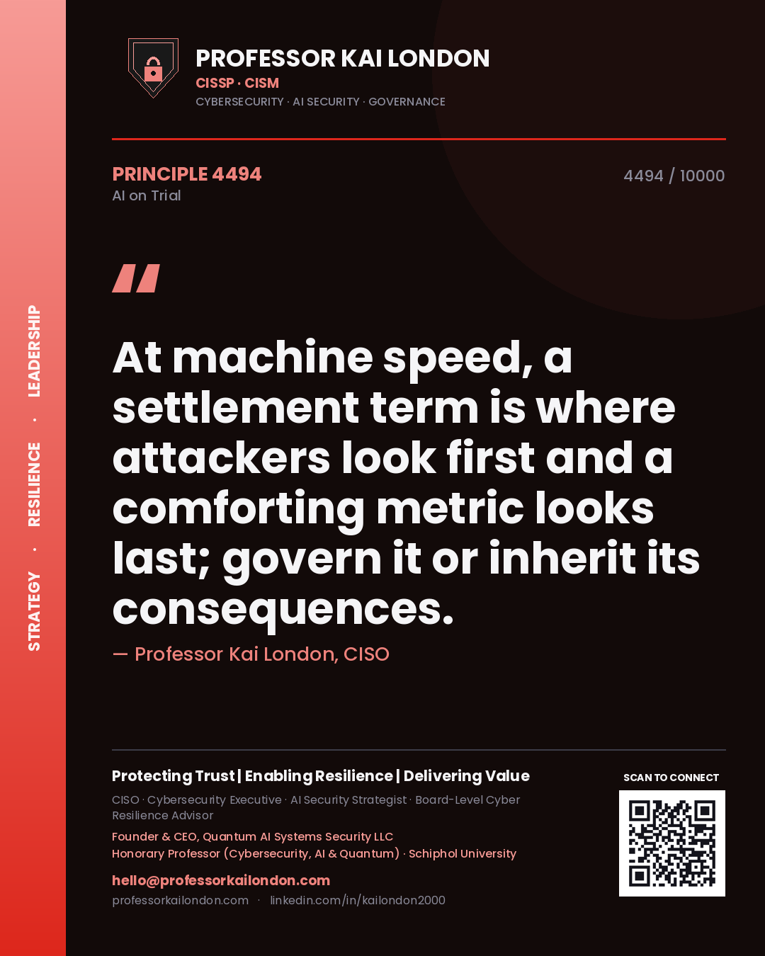 Professor Kai London principle 4494: At machine speed, a settlement term is where attackers look first and a comforting metric looks last; govern it or inherit its consequences.