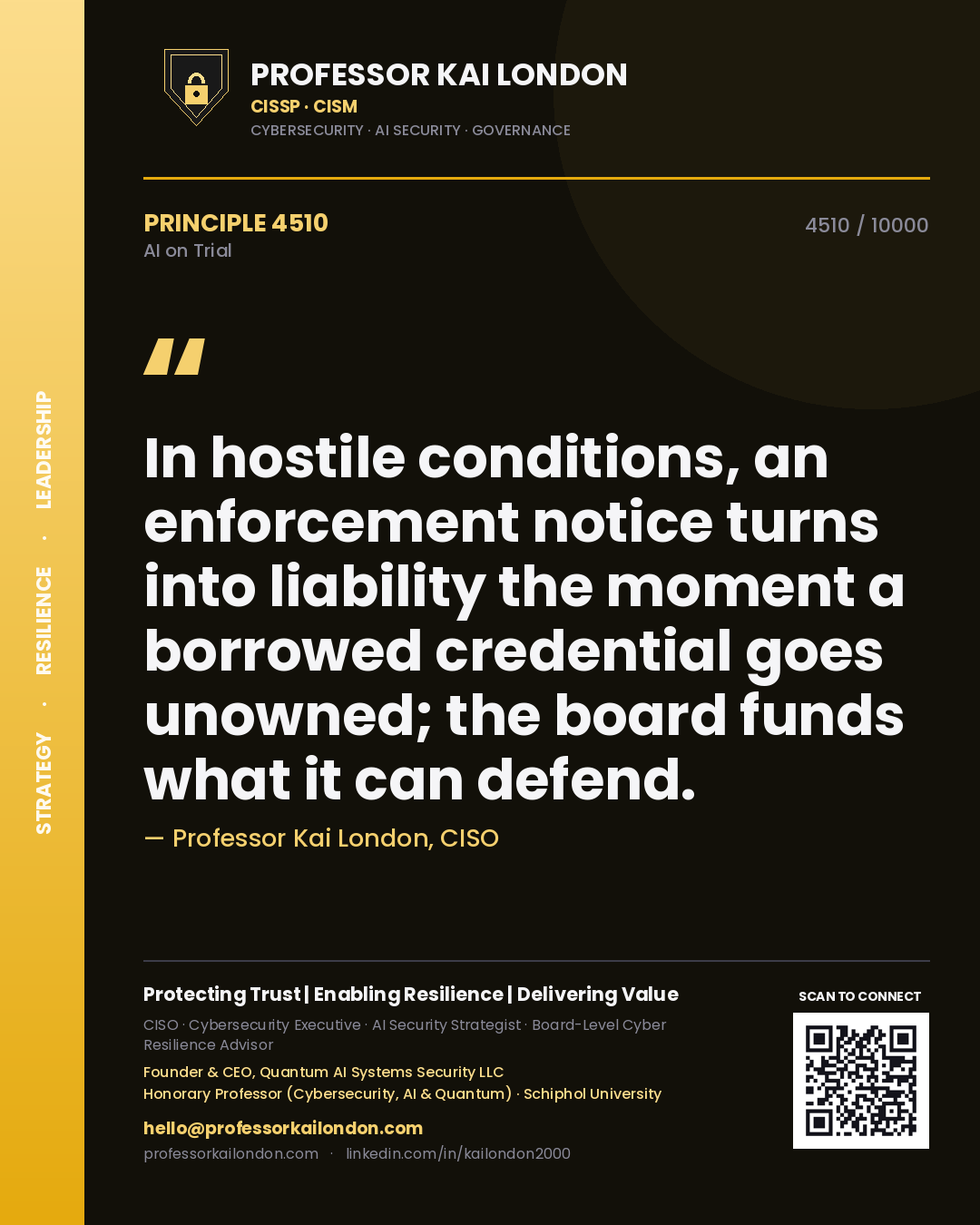 Professor Kai London principle 4510: In hostile conditions, an enforcement notice turns into liability the moment a borrowed credential goes unowned; the board funds what it can defend.