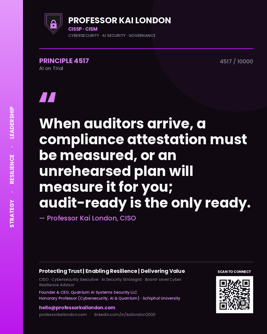 Professor Kai London principle 4517: When auditors arrive, a compliance attestation must be measured, or an unrehearsed plan will measure it for you; audit-ready is the only ready.