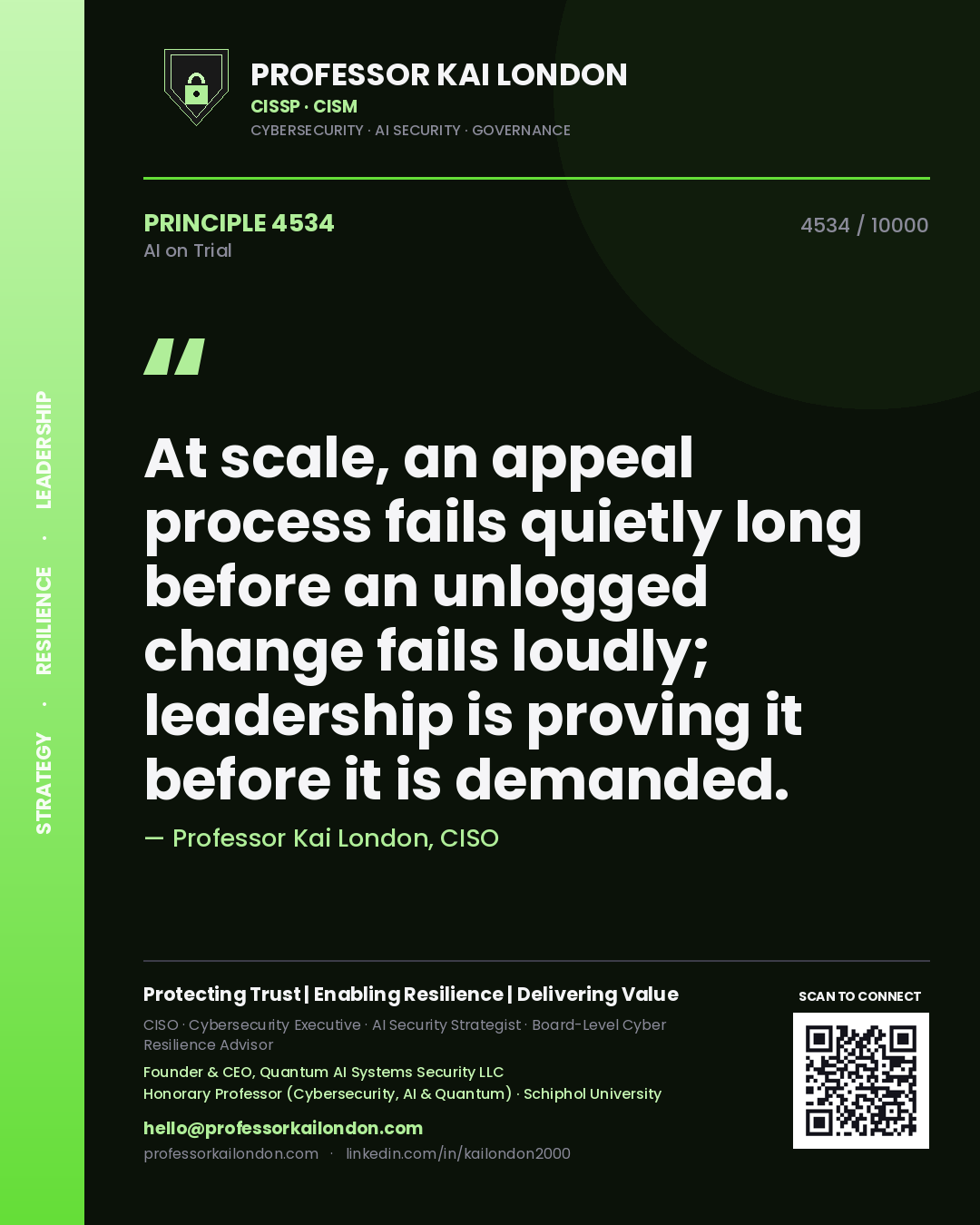 Professor Kai London principle 4534: At scale, an appeal process fails quietly long before an unlogged change fails loudly; leadership is proving it before it is demanded.