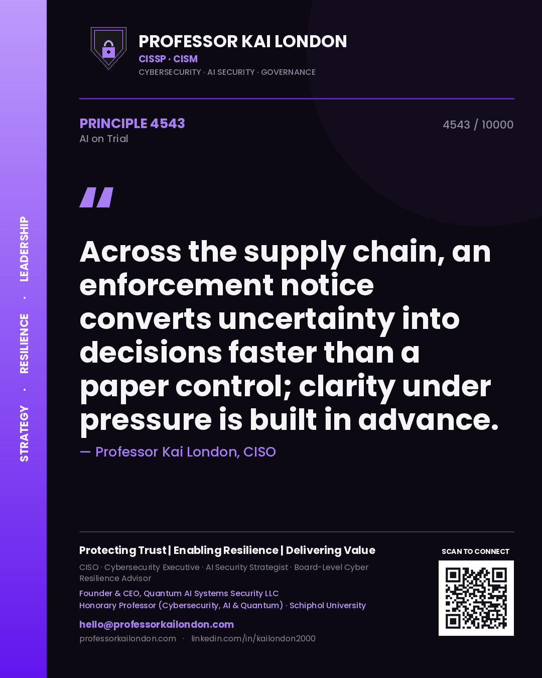 Professor Kai London principle 4543: Across the supply chain, an enforcement notice converts uncertainty into decisions faster than a paper control; clarity under pressure is built in advance.