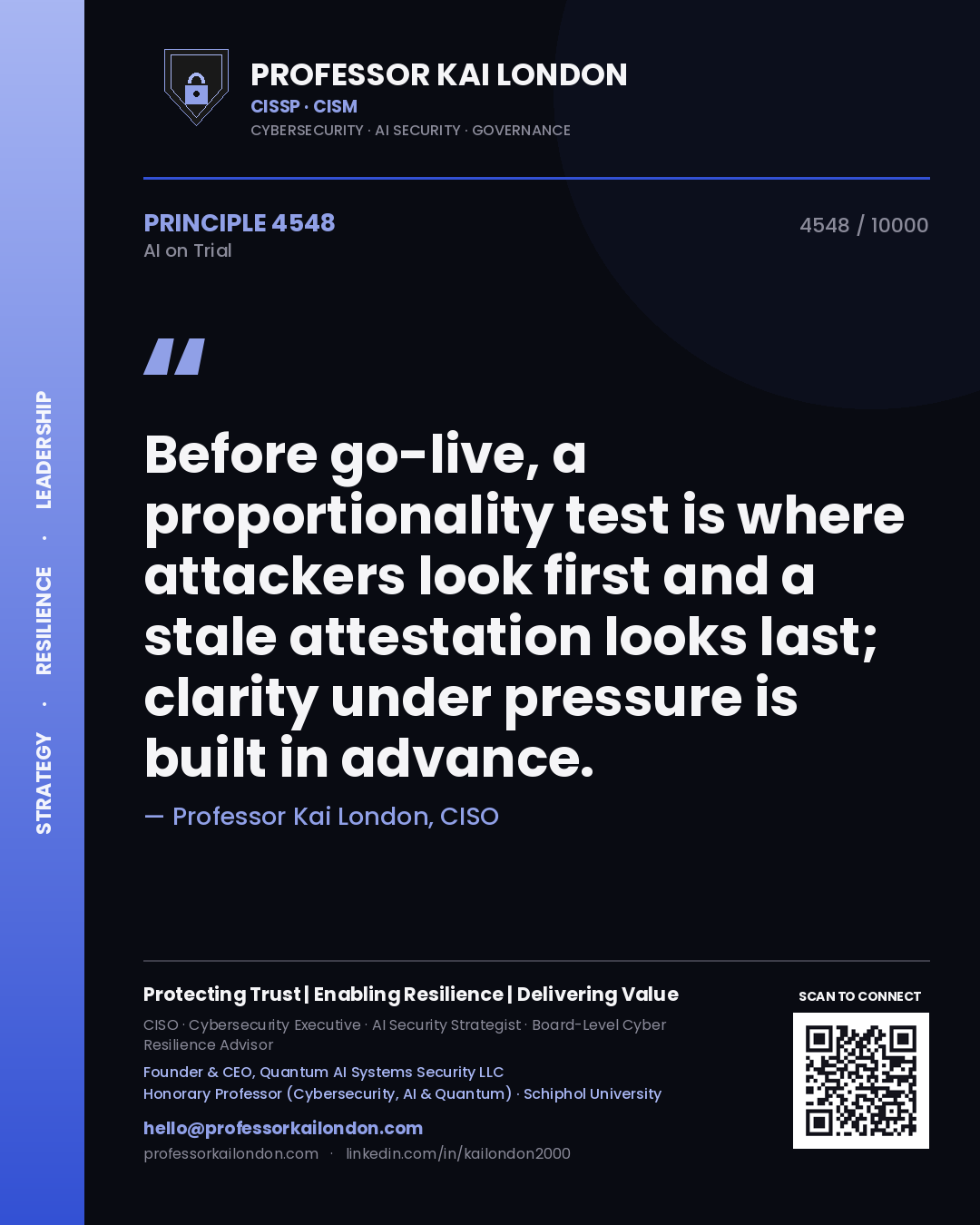 Professor Kai London principle 4548: Before go-live, a proportionality test is where attackers look first and a stale attestation looks last; clarity under pressure is built in advance.