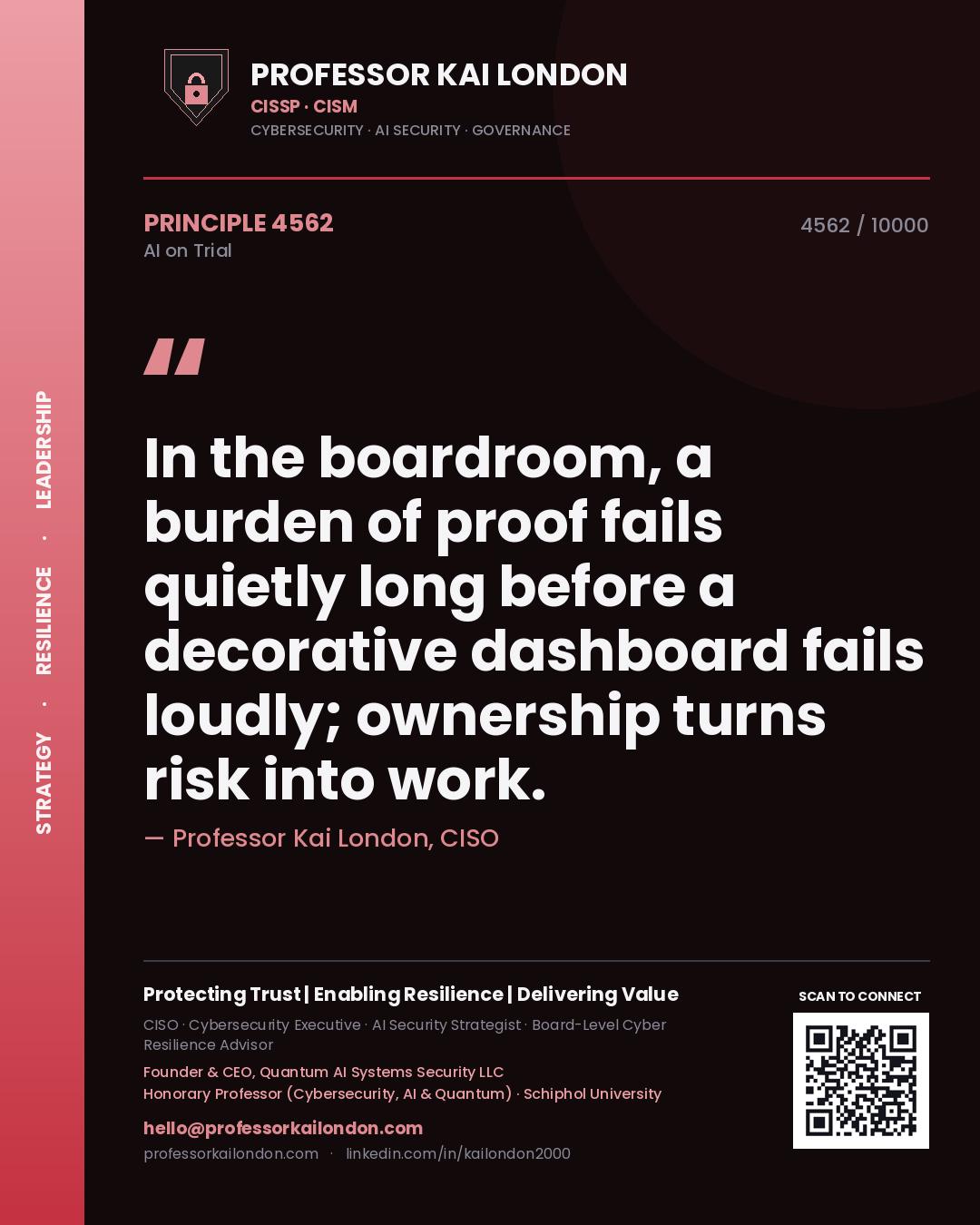 Professor Kai London principle 4562: In the boardroom, a burden of proof fails quietly long before a decorative dashboard fails loudly; ownership turns risk into work.