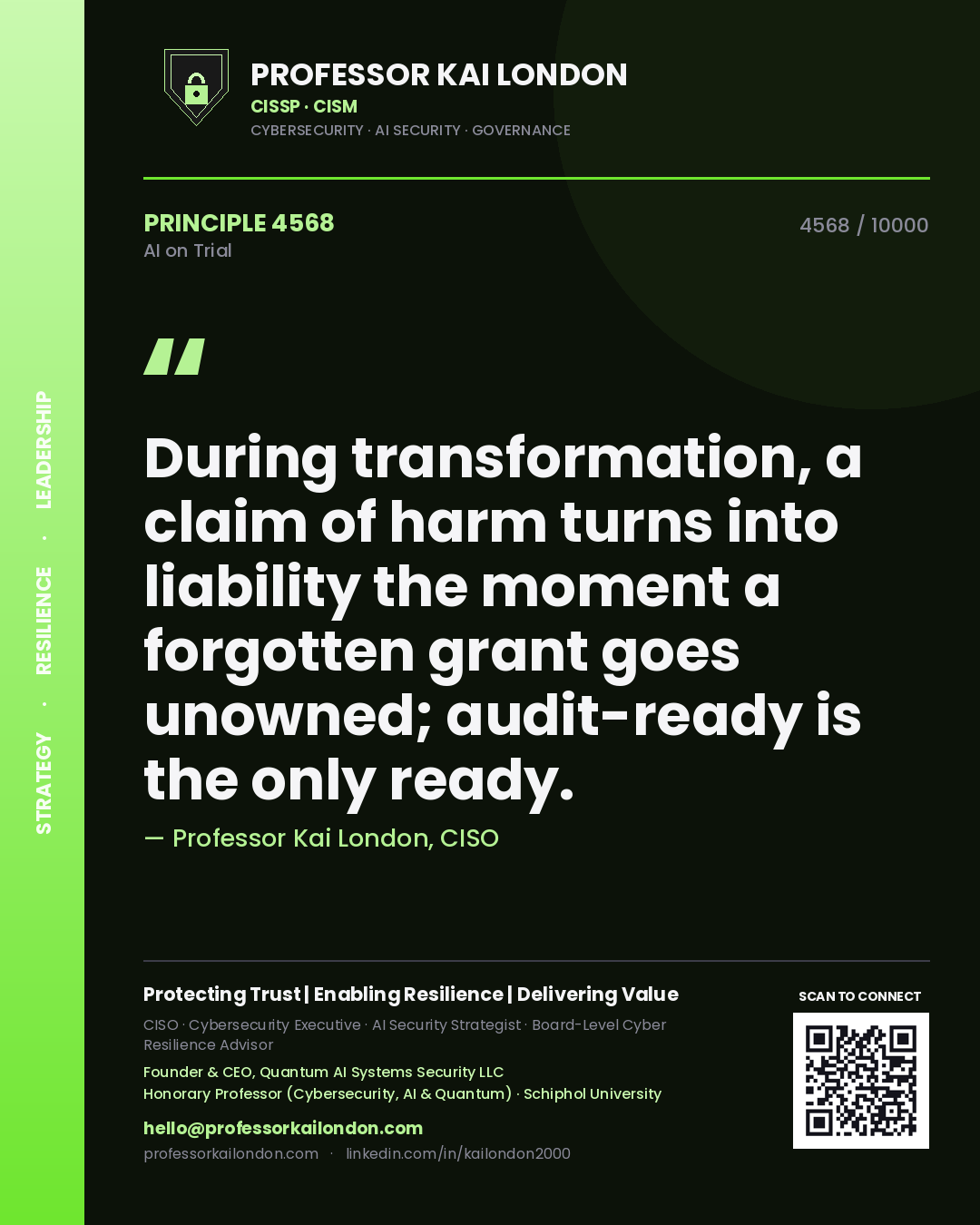 Professor Kai London principle 4568: During transformation, a claim of harm turns into liability the moment a forgotten grant goes unowned; audit-ready is the only ready.