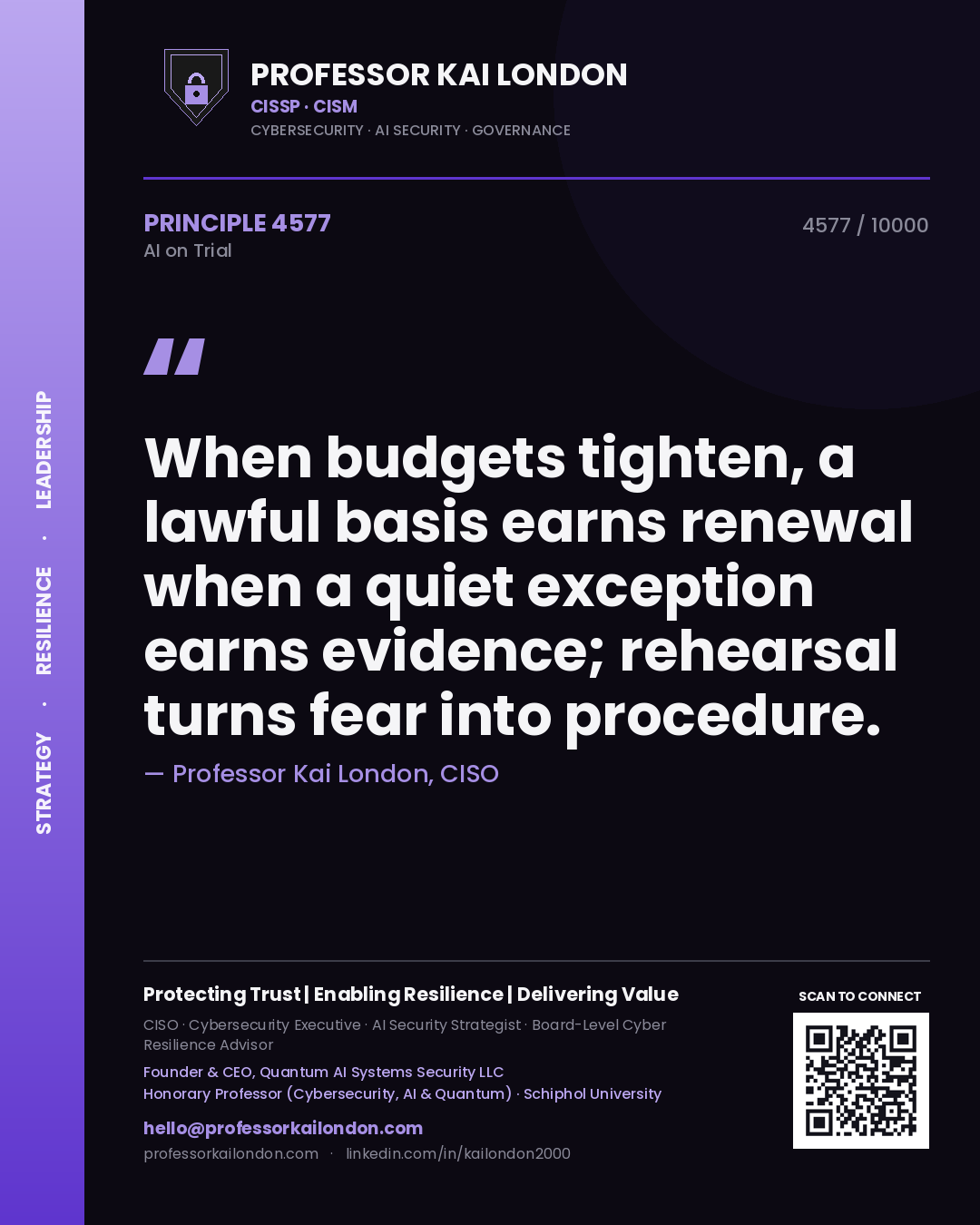 Professor Kai London principle 4577: When budgets tighten, a lawful basis earns renewal when a quiet exception earns evidence; rehearsal turns fear into procedure.
