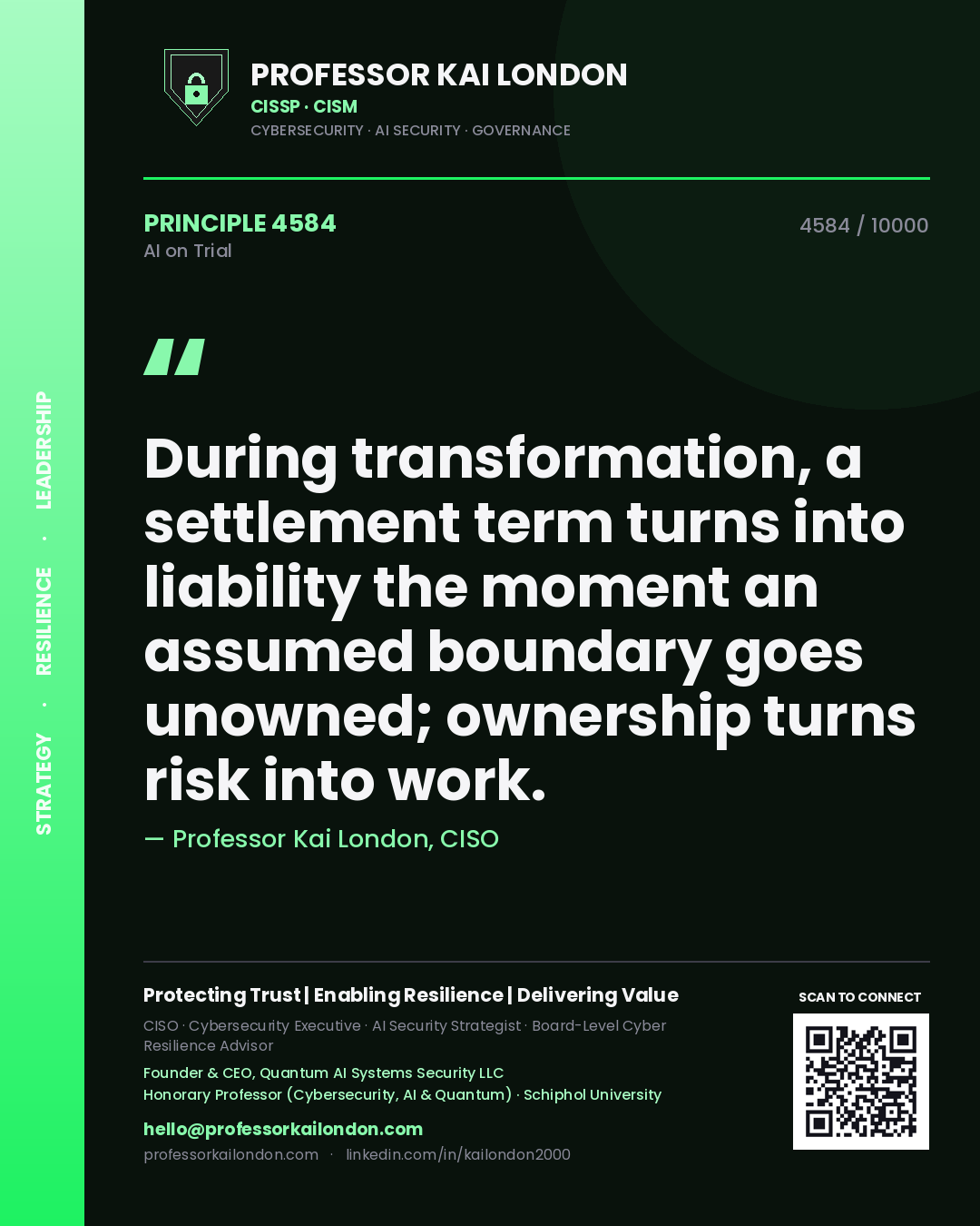 Professor Kai London principle 4584: During transformation, a settlement term turns into liability the moment an assumed boundary goes unowned; ownership turns risk into work.
