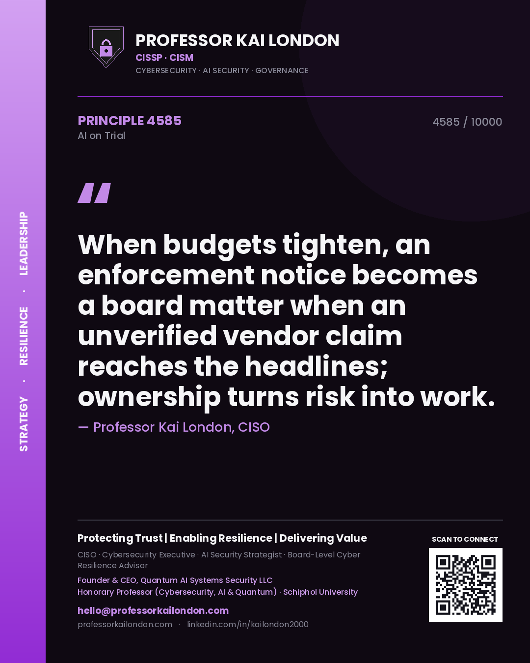 Professor Kai London principle 4585: When budgets tighten, an enforcement notice becomes a board matter when an unverified vendor claim reaches the headlines; ownership turns risk into work.