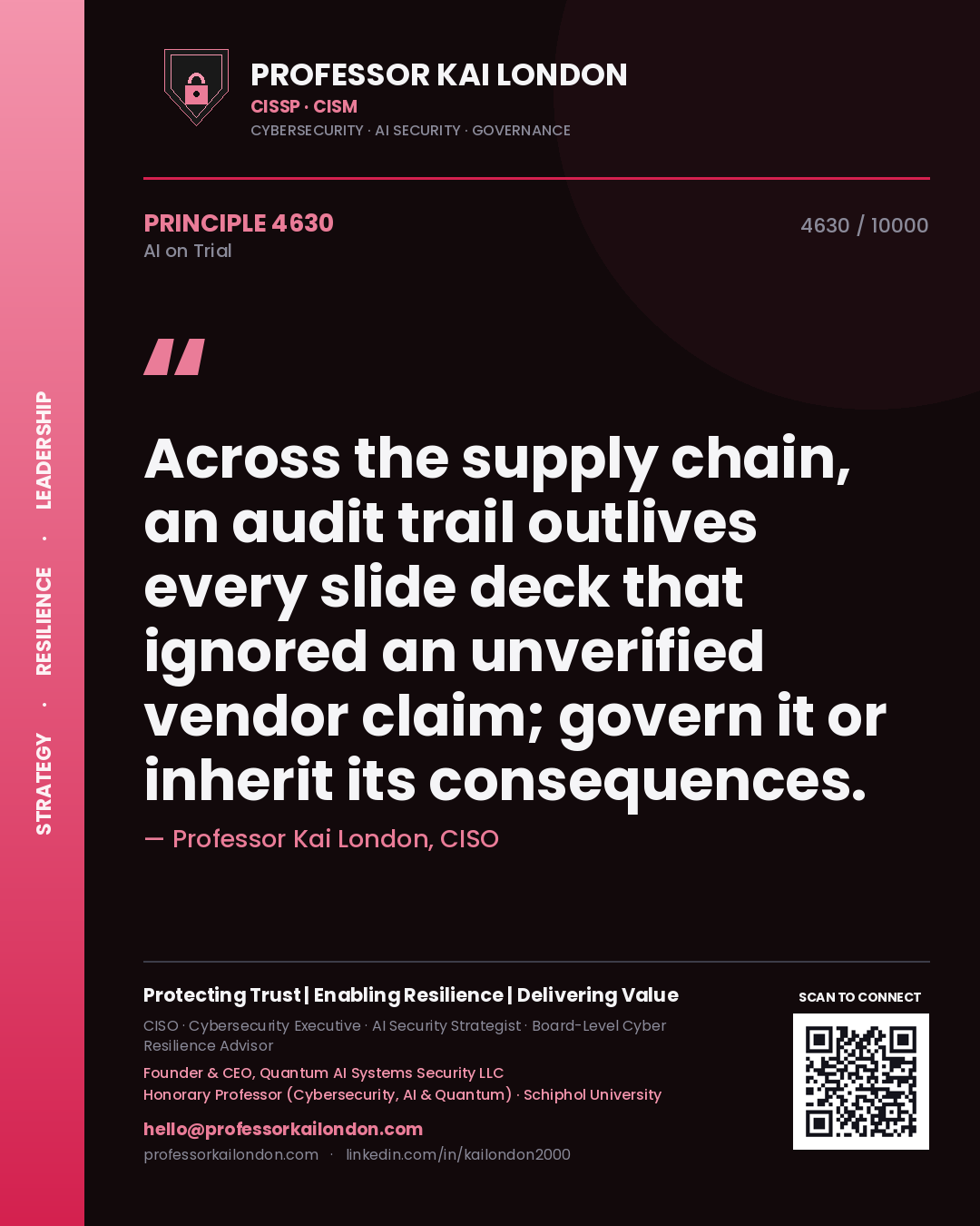 Professor Kai London principle 4630: Across the supply chain, an audit trail outlives every slide deck that ignored an unverified vendor claim; govern it or inherit its consequences.