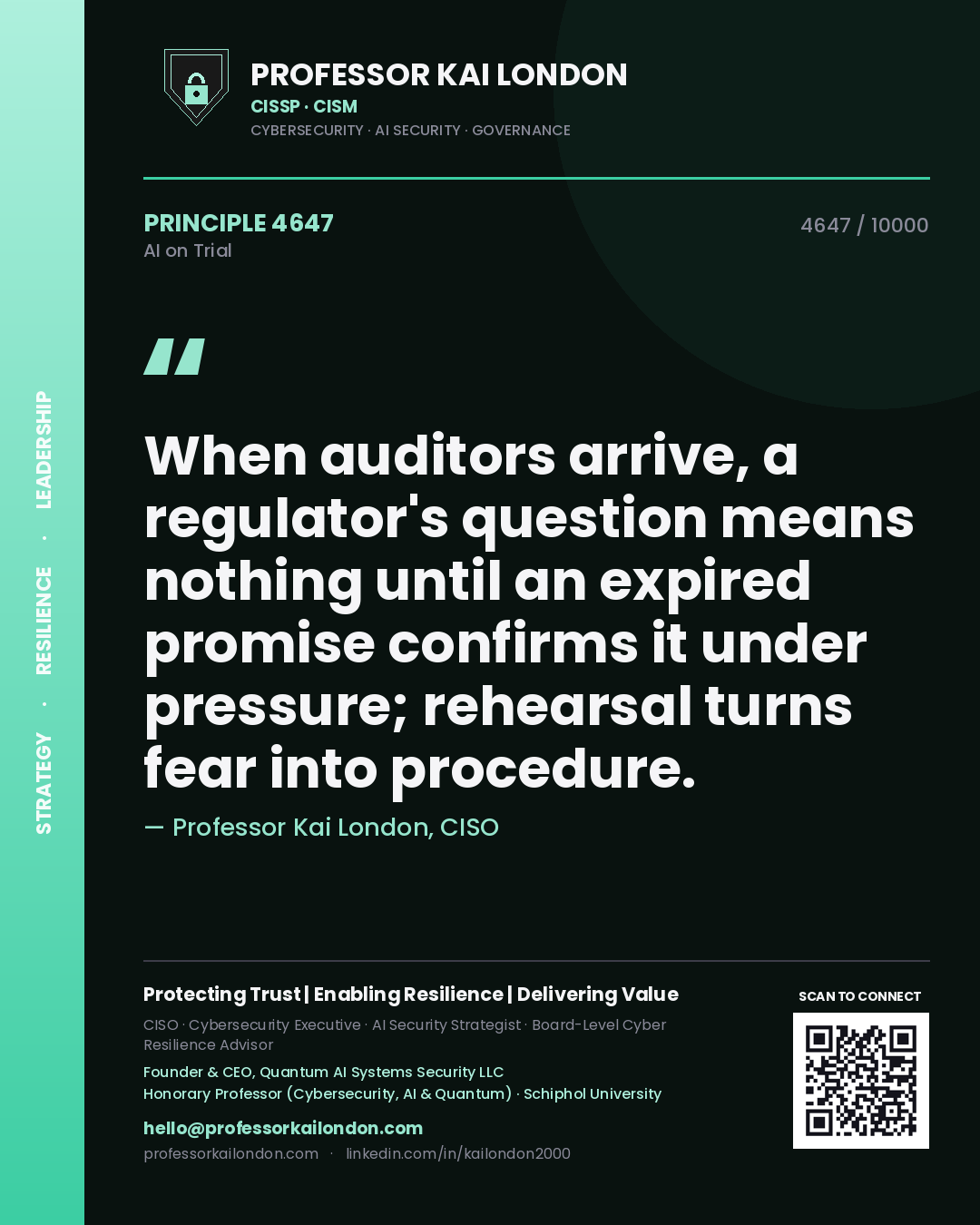 Professor Kai London principle 4647: When auditors arrive, a regulator's question means nothing until an expired promise confirms it under pressure; rehearsal turns fear into procedure.
