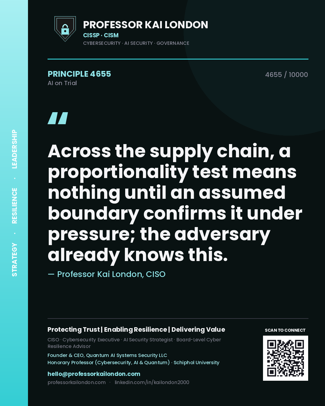 Professor Kai London principle 4655: Across the supply chain, a proportionality test means nothing until an assumed boundary confirms it under pressure; the adversary already knows this.