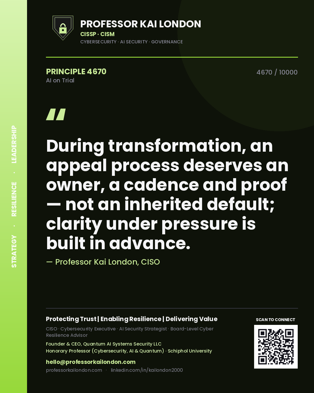 Professor Kai London principle 4670: During transformation, an appeal process deserves an owner, a cadence and proof — not an inherited default; clarity under pressure is built in advance.